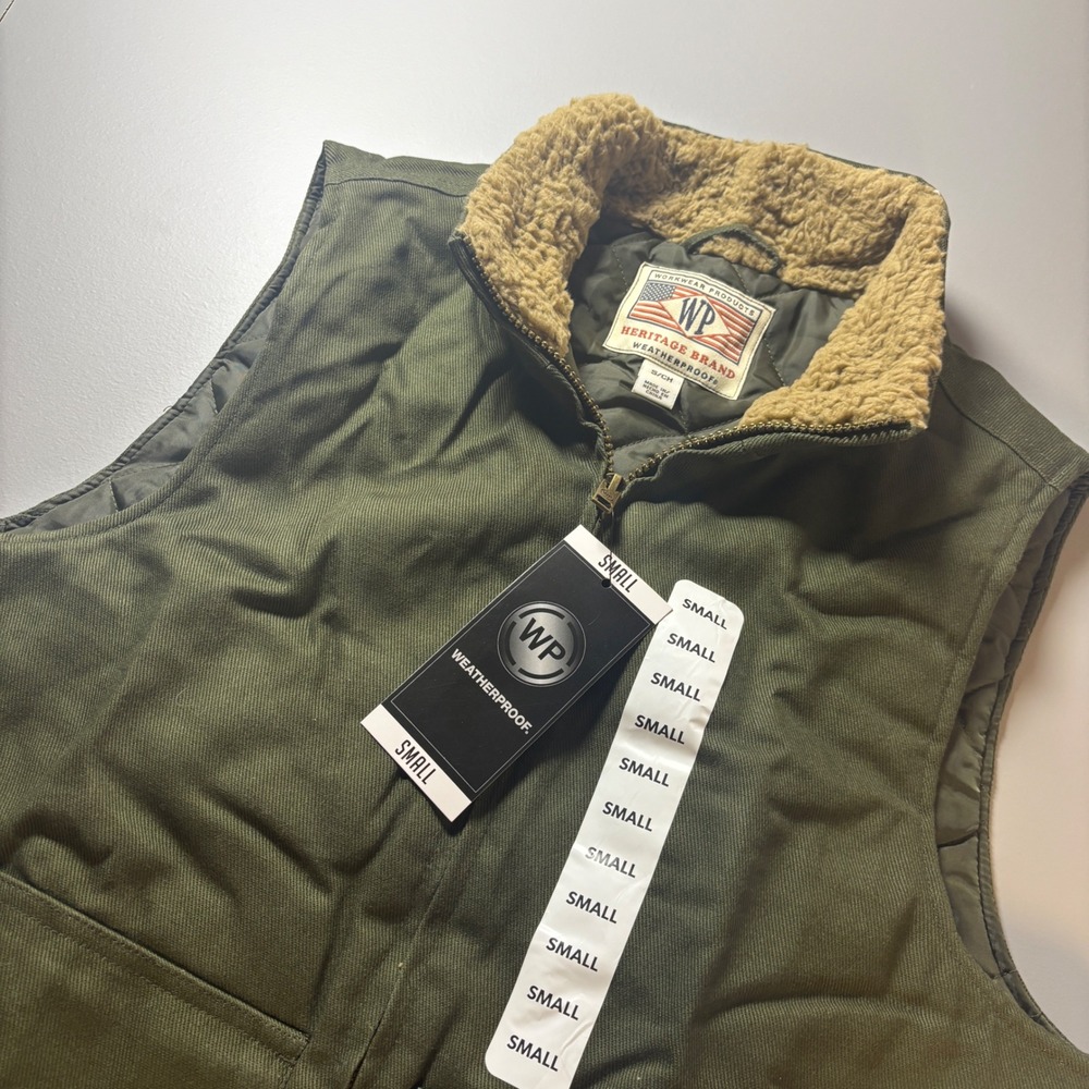 Weatherproof Heritage Brand Workwear Vest Mens Small Olive Green Faux Fur Collar